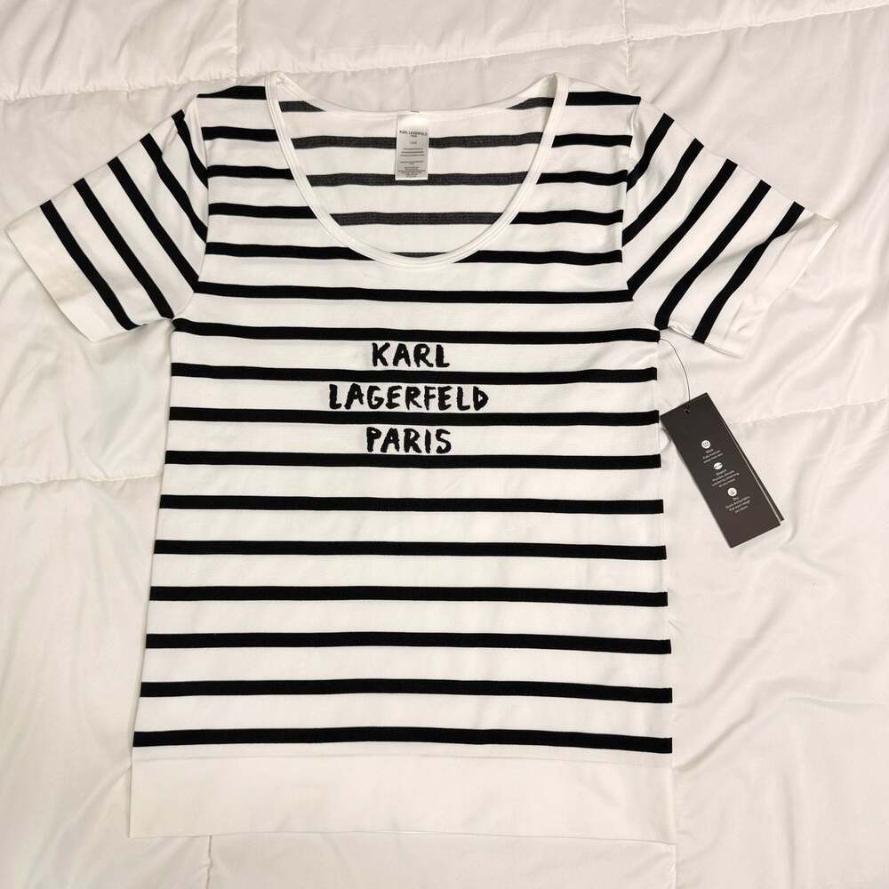 Karl Lagerfeld Paris Striped Logo Top NWT Size L Black White Knit Tee
